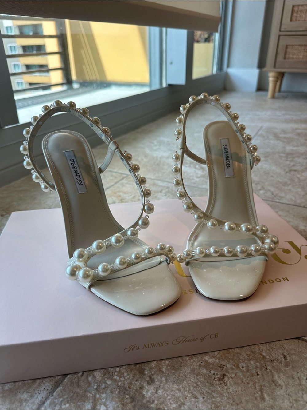 Steve Madden White Pearl-Embellished Strappy Heels